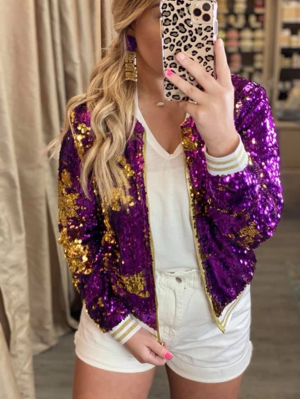 Purple & Gold Sequin Bomber Jacket - Women LSU Size L Gameday Mardi Gras